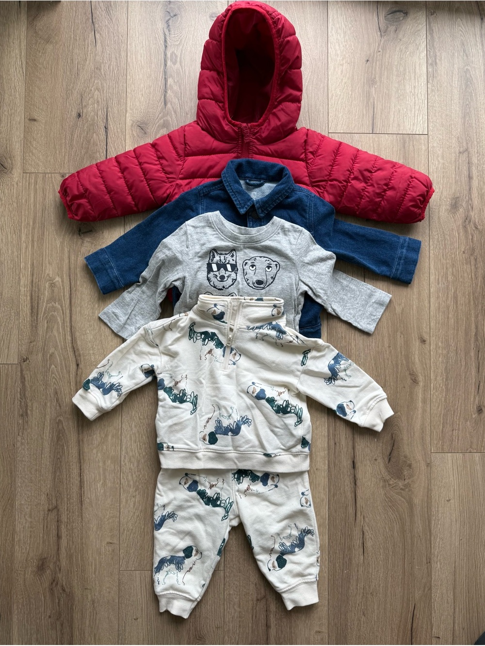 Carter’s red jacket, Gap jean jacket, Gap grey shirt, Carter’s set